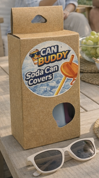 CAN BUDDY recyclable kraft box standing on a wooden garden table beside sunglasses