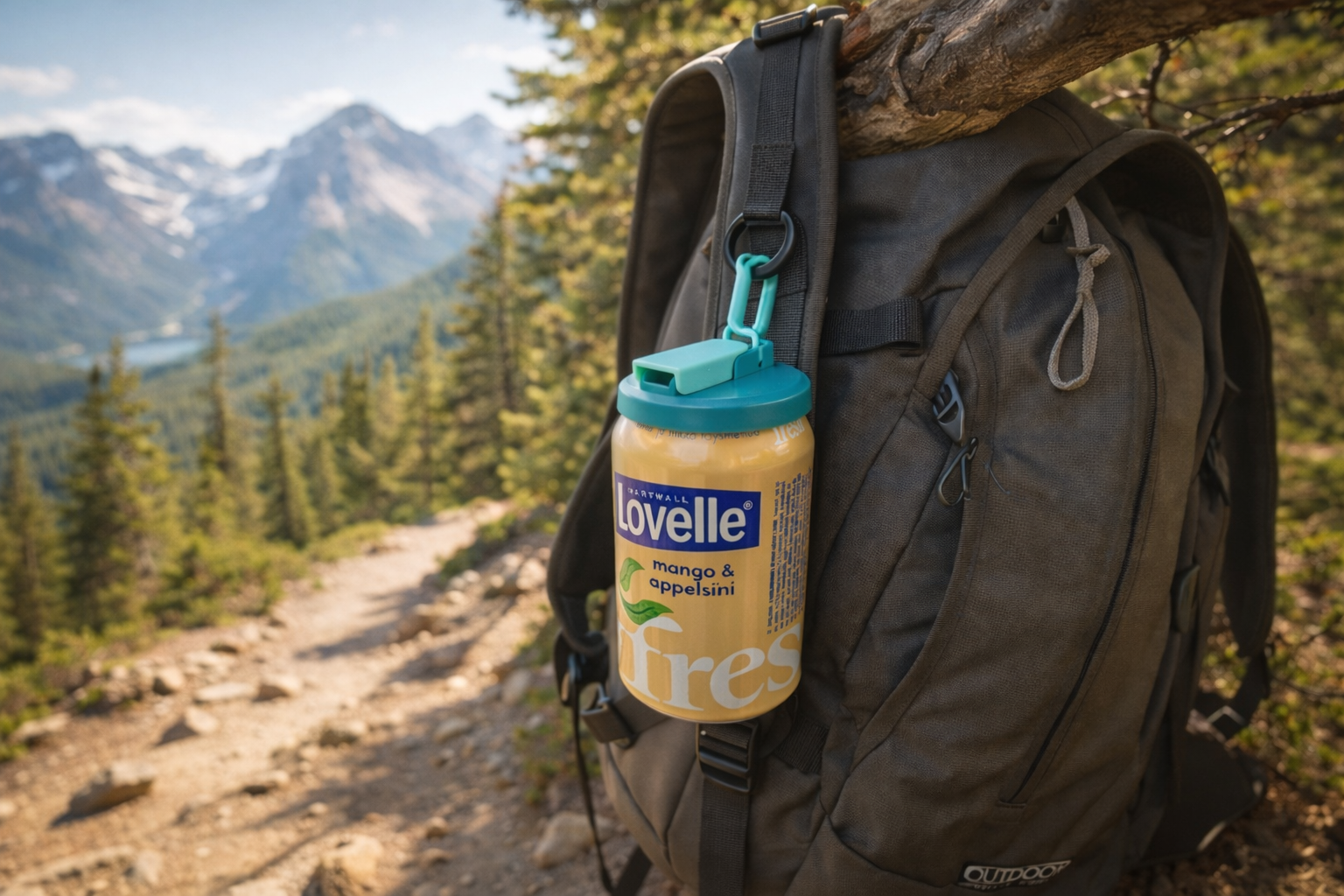 Can with a CAN BUDDY lid clipped to a backpack on a mountain trail
