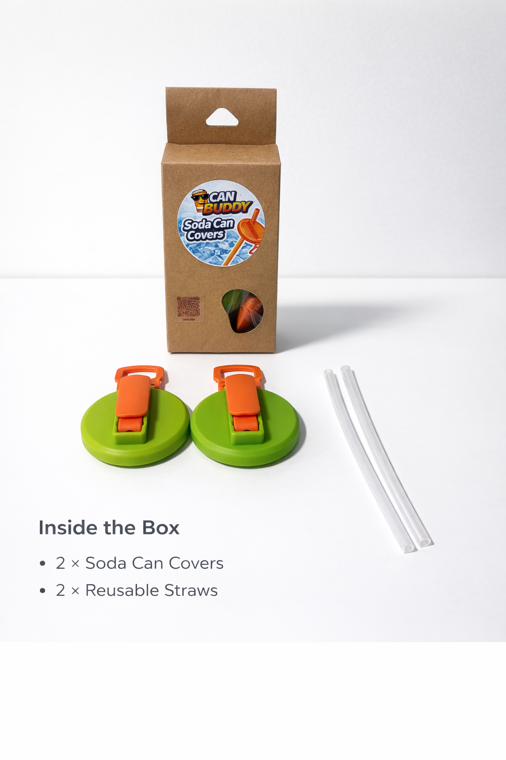 CAN BUDDY box beside two green can lids and two reusable straws